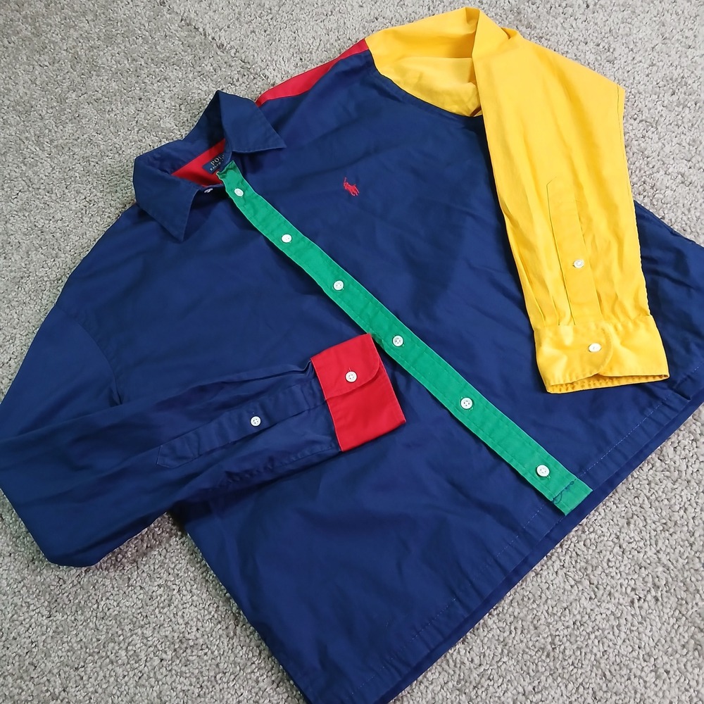 Polo Ralph Lauren Kids Colorblock Button Down Shirt Navy Yellow Red Size 6